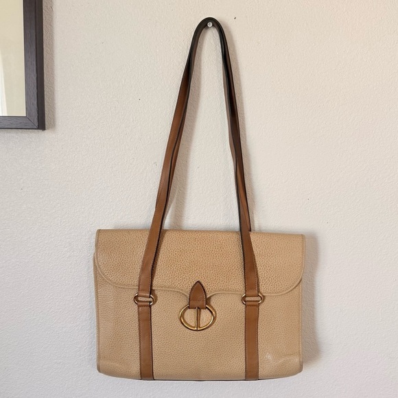 Dior Handbags - Christian Dior Vintage Tan Leather Double Handle Shoulder Bag with Gold CD Logo